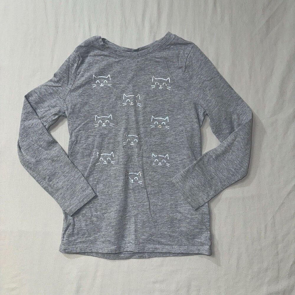 Cat Grey Shimmer T-Shirt Girls S 6/6X Kitten Face Play Long Sleeve School Fall